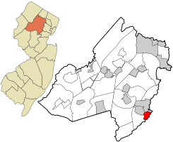 Location of Chatham (borough) in Morris County highlighted in red (right). Inset map: Location of Morris County in New Jersey highlighted in orange (left).