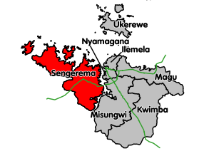 Sengerema location within Mwanza Region. Trunk roads in green.