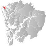 Mapa do condado de Hordaland com Austrheim em destaque.