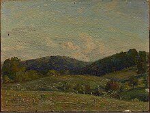 Dark oil painting of a Texas landscape. The image appears yellowed, with rolling green hills below and a light cloudy sky above.