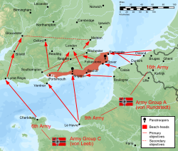 Kartskisse som viser plan for tysk invasjon i Storbritannia i 1940