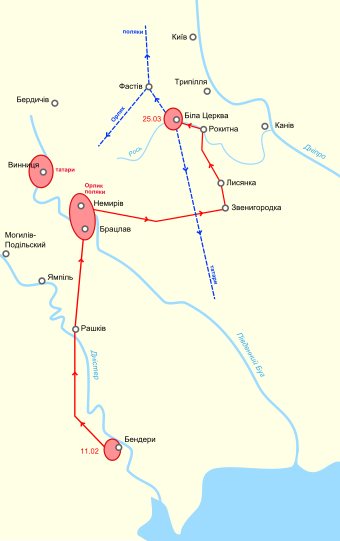 Схема похода Филиппа Орлика на Правобережную Украину, 1711 год. Красным обозначен путь наступления, синим — пути отхода войск.