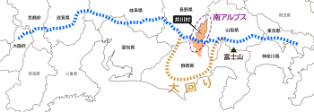 中央道派が懸念したのは、様々な理由から路線を曲げられて南アルプスの資源開発が不可能になることであった。過去に国鉄線を計画するにおいて同様の事例があり、当初目論見の開発が妨害されたことから、中央道派は予定経過地の指定に強いこだわりを持つに至った。井川村はその意味で、山岳地帯の開発を保証する重要な経過地である[51]。