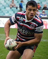 Perrett playing for the Roosters in 2008 Sam Perrett (10 August 2008).jpg