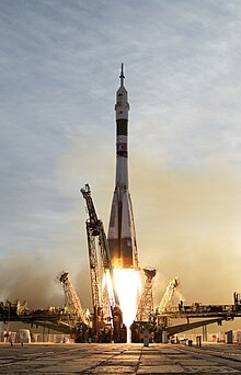 Russian Soyuz TMA-5 lifts off from the Baikonur Cosmodrome in Kazakhstan heading for the International Space Station Soyuz TMA-5 launch.jpg