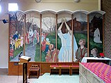 Sanctuary mural (north wall) "The Way of the Cross" (1985) by Debbie De Beer in St Michael and St George's church, c.2004.