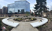 The Glade of Light opened in 2022 to commemorate the victims of the bombing The Glade of Light memorial in Manchester, Salford view.jpg