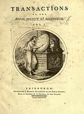 Cover of the journal Transactions of the Royal Society of Edinburgh. This is the issue where James Hutton published his Theory of the Earth in 1788. Trans Royal Society of Edinburgh cover.jpg
