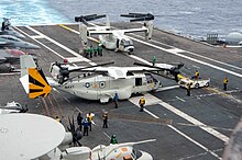 Two CMV-22Bs on the flight deck of USS Carl Vinson in 2023 VRM-30 CMV-22Bs on USS Carl Vinson.jpg