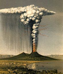 Eruption of Vesuvius in 1822. The eruption of CE 79 would have appeared very similar. Vesuvius1822scrope.jpg