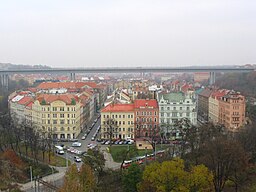 Ostrčilovo náměstí v Nuselském údolí a Nuselský most, pohled z Vyšehradu