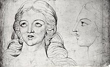 On the left, a line drawing of the head of a woman facing forward, eyes looking up and to the left; on the right, a line drawing of the same woman in profile, looking left towards the first head