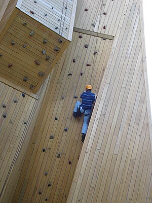 English: Wood climbing wall at a camp in Wisco...