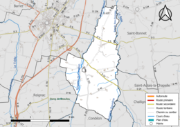 Carte en couleur présentant le réseau hydrographique de la commune