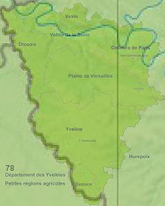 Mapa konturowa Yvelines, po prawej znajduje się punkt z opisem „Wersal”