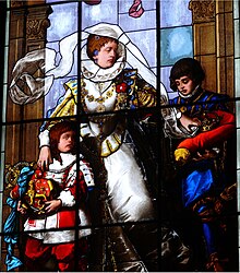 Queen Catherine of Sweden (1568) with 2 pages (not her children) as depicted above her grave in a window of Turku Cathedral in Turku, Finland. Catherine of Sweden (1568) & pages c 1875.jpg