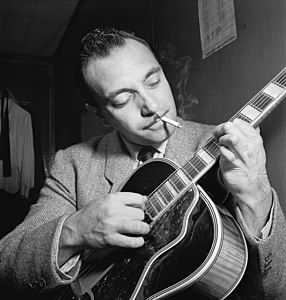 Django Reinhardt, by William P. Gottlieb (restored by Adam Cuerden)