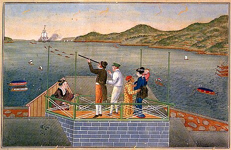 Siebold with his Japanese lover and baby-daughter Kusumoto Ine watching how rowing boats tow a Dutch ship into Nagasaki harbour, 1823-1829.