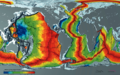 Okyanusal yerkabuğunun yaşları ve okyanus ortası sırtları: Kırmızı en genç, mavi en yaşlı (170 milyon yıl) alanları temsil eder.
