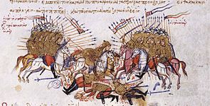 Medieval miniature showing two opposing cavalry groups colliding, with casualties in the middle
