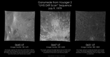 Three high-resolution views of Ganymede taken by Voyager 1 near closest approach on July 9, 1979 Ganymede - Voyager 2 (26670869304).png