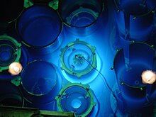 Spent fuel elements from the reactor displaying Cherenkov radiation High Flux Isotope Reactor Gamma Blue Glow.jpg