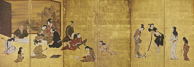 A folding screen painted with Japanese figures at play against a gold background