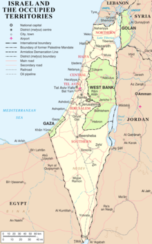 Map 1: United Nations-derived boundary map of Israel and the Israeli-occupied territories (2007, updated to 2018) Israel and occupied territories map.png