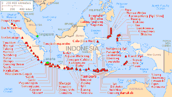 A chart with the heading "Major Volcanoes of Indonesia (with eruptions since 1900 A.D.)". Depicted below the heading is an overhead view of a cluster of islands.