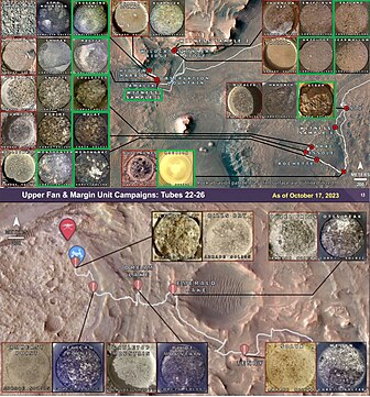 Mapping Perseverance's samples collected to date (The 10 duplicate samples to be left behind at Three Forks Sample Depot are framed in green colour.) Mars 2020 Sample Collection Map showing samples to be left behind at Three Forks Sample Depot.jpg