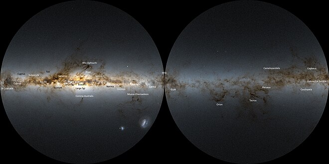 The Milky Way as seen by Gaia, with prominent dark features labeled in white, as well as prominent star clouds labeled in black. Milkyway360-hemispheres-32k m14-g1 Clouds.jpg