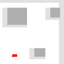 Configuration space for a rectangular translating robot (pictured red). White = Cfree, gray = Cobs, where dark gray = the objects, light gray = configurations where the robot would touch an object or leave the workspace. Motion planning workspace 1 configuration space 2.svg