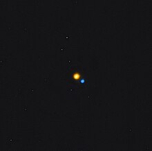 The secondary component of the double star Albireo is a B8 main sequence star, the blue contrasting with the cooler yellow giant primary. NewAlbireo.jpg