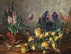 Still life with hyacinths and roses on a table