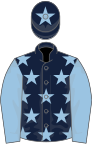 Dark blue, light blue stars, light blue sleeves, dark blue cap, light blue star