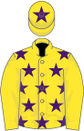 Yellow, purple stars, yellow sleeves, yellow cap, purple star