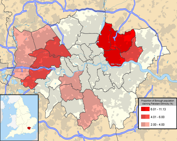 Лондонские районы с населением, заявляющим о пакистанской этнической принадлежности более 2 процентов