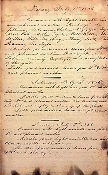 Pensacola Navy Yard station log entries for 1-3 July 1836, entry for 1 July 1836 includes names of enslaved laborers Pensacola Navy Yard log book entries for 1 -3 July 1836, entry for 1 July 1836 includes names of enslaved laborers.jpg
