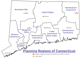 Map highlighting the 9 official regions of Connecticut Planning Regions of Connecticut.png