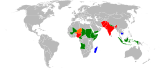 Cases of polio in 2005 (top) and 2019 (bottom). Red: endemic; orange: re-established; green: imported; blue: vaccine derived; grey: none