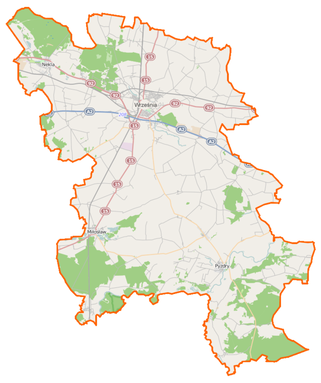 Mapa konturowa powiatu wrzesińskiego, u góry znajduje się punkt z opisem „Września”