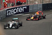 Despite earning his first career pole during the Monaco Grand Prix, Ricciardo had to settle for 2nd place behind Lewis Hamilton after a pit stop error cost him the victory Ricciardo chasing Hamilton (27333224023).jpg