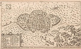 Johan Sibmacher: “Verdadera imagende la ciudad real de Stu(h)lweis(s)enburg (Székesfehérvár), como fue conquistadapor los cristianos, año 1601”—la basílica  y otros edificios ardiendo