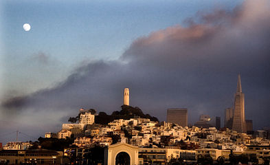A view of Telegraph Hill from a boat in the San Francisco Bay.