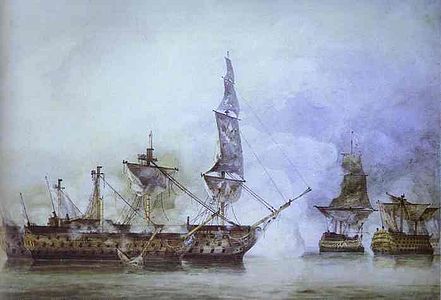 El HMS Victory, vaixell insígnia de l'almirall Nelson, a la batalla de Trafalgar entre dos vaixells francesos de la Línia, per John Constable