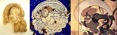 Iconographical evolution of the Wind God.
Left: Greek wind god from Hadda, 2nd century.
Middle: wind god from Kizil, Tarim Basin, 7th century.
Right: Japanese wind god Fujin, 17th century. WindGods.JPG