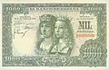 Spanyol 1000 pesetás bankjegy az 1957-es sorozatból, a katolikus királyok portréjával.