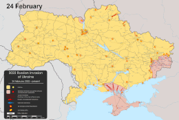 Animated map of the first phase of the 2022 Russian invasion of Ukraine, showing territorial advances between Russian/Ukrainian forces, from 24 February to 7 April 2022 Russian Invasion of Ukraine Phase 1 animated.gif