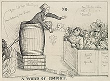 Caricature of a man preaching out of a barrel labeled "Fanaticism", stacked up on books labeled "Priestley's works" to a crowd, while the devil sneaks up on him.