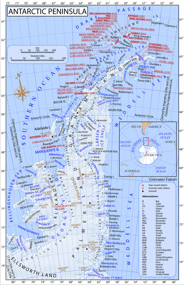 Karte der Antarktischen Halbinsel mit Marguerite Bay, darin Mikkelsen Bay und Wordie Bay